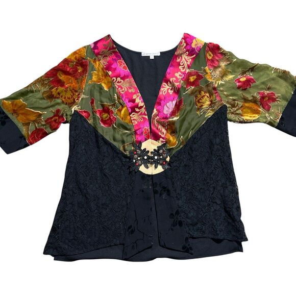Vtg Spencer Alexis Kimono Cardigan Velvet Sheer Sequins Floral Boho Academia 2X - Picture 1 of 15